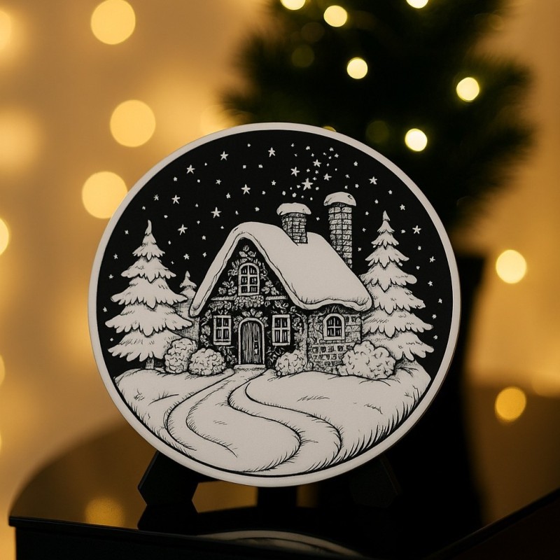 Zimowa Chatka – ozdoba świąteczna Ø19,5 cm | Dekoracja 3D | PrestigePrint3D